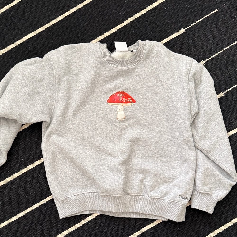 Aritzia TNA Gray Crewneck Sweater with Red Mushroom